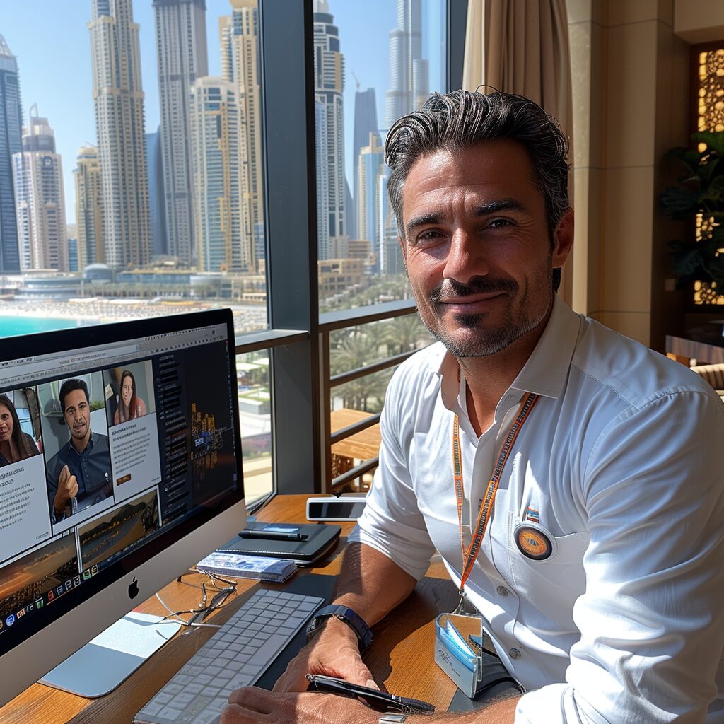 Florent, expert en solutions digitales et fondateur de Speedizycom à Perpignan, travaille sur son ordinateur dans un bureau avec vue sur la ville. Spécialisé en Shopify, WordPress, SEO, SEA, marketing, création de contenu IA, automatisation, création de sites e-commerce, social selling, et e-réputation, Speedizycom dessert toute l'Occitanie et les pays francophones.