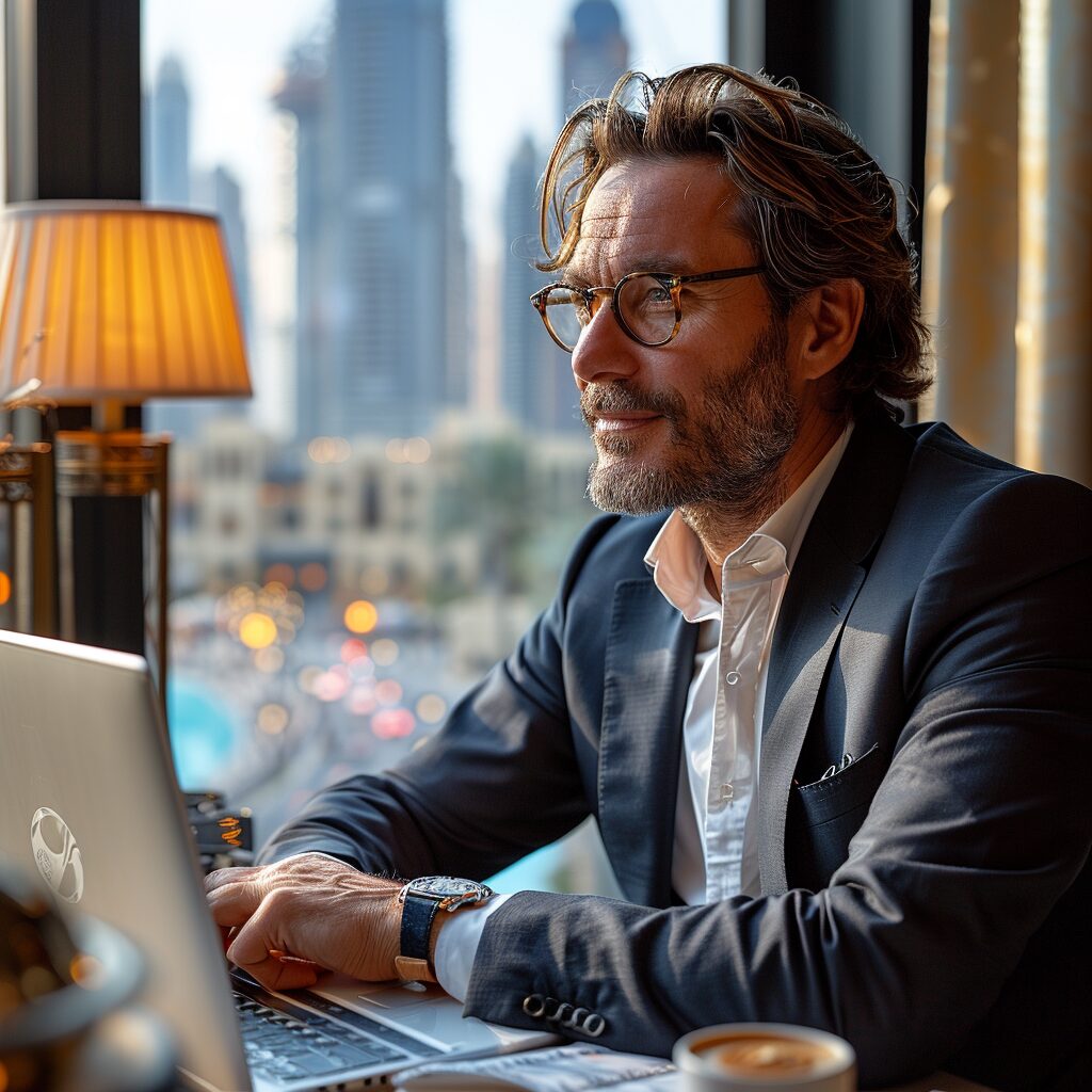 Florent, expert en solutions digitales et fondateur de Speedizycom à Perpignan, travaille sur son ordinateur dans un bureau avec vue sur la ville. Spécialisé en Shopify, WordPress, SEO, SEA, marketing, création de contenu IA, automatisation, création de sites e-commerce, social selling, et e-réputation, Speedizycom dessert toute l'Occitanie et les pays francophones.